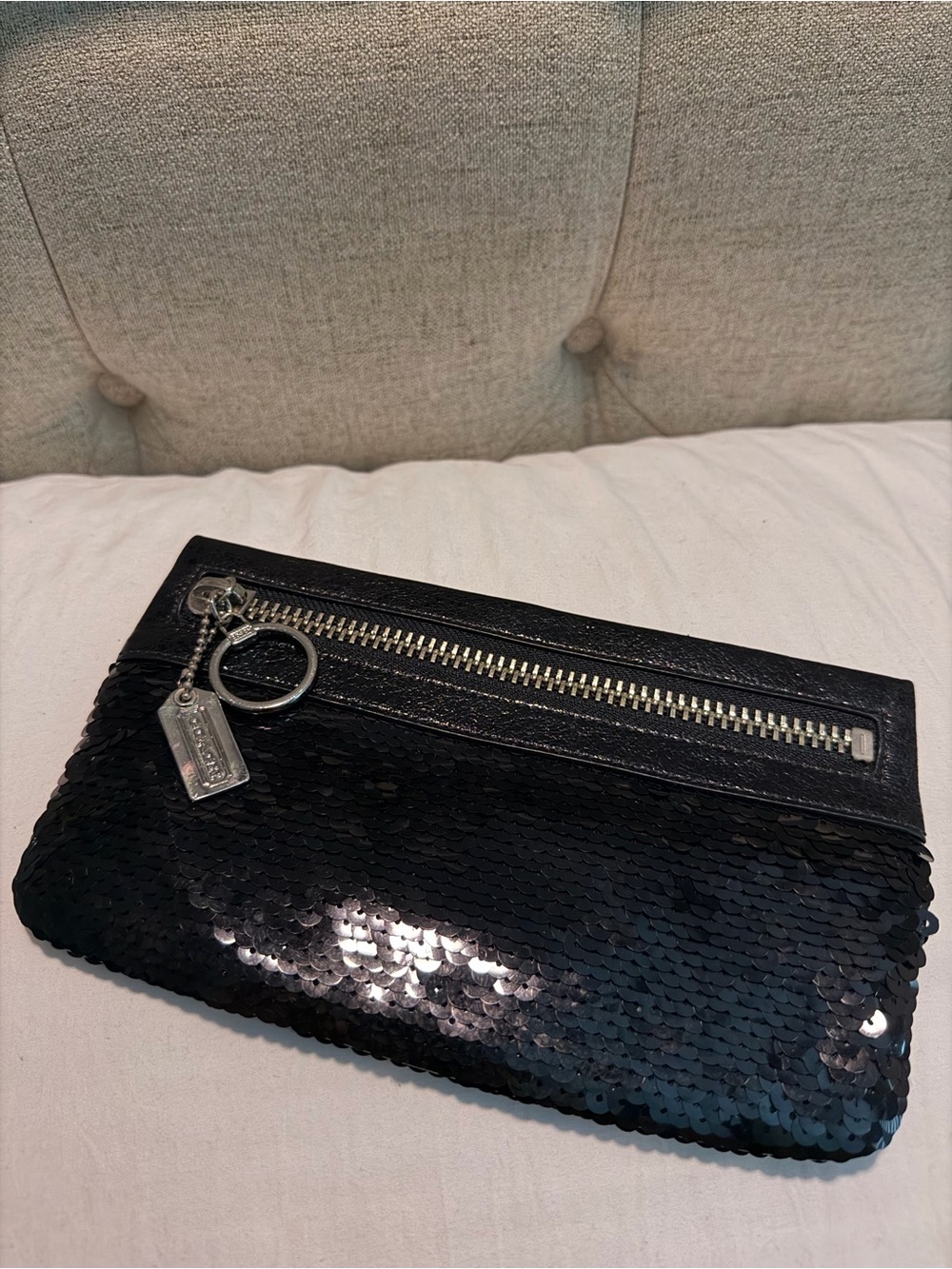 Coach Black Sequin Wristlet Clutch with Silver Hardware